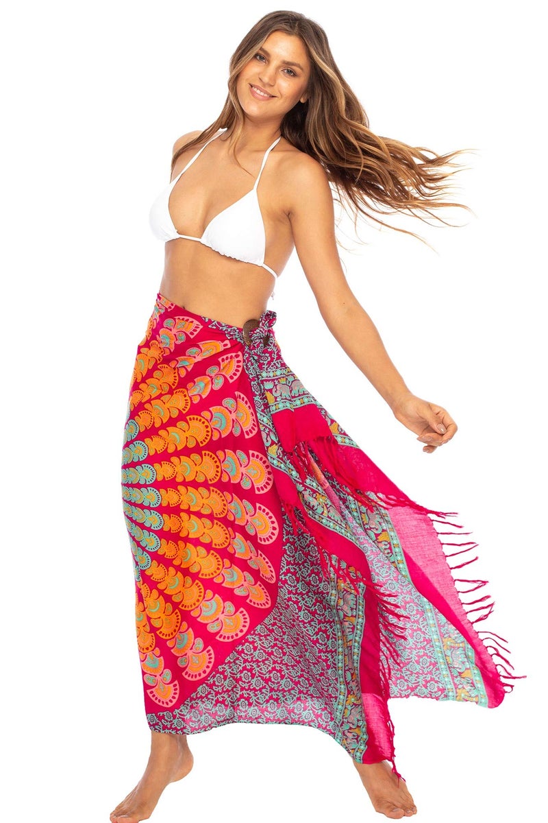 Back From Bali Womens Beach Swimsuit Bikini Cover Up Wrap and Clip Sarong Peacock Fuchsia Mint - Image 1